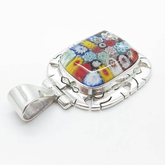 950 Silver Vintage Multi-Color Glass Floral Pendant - Picture 7 of 8